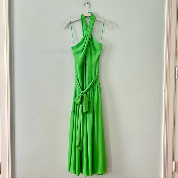 NWT Belle Badgley Mischka Malia Halter Neckline A-Line Green Midi Dress - Picture 2 of 5